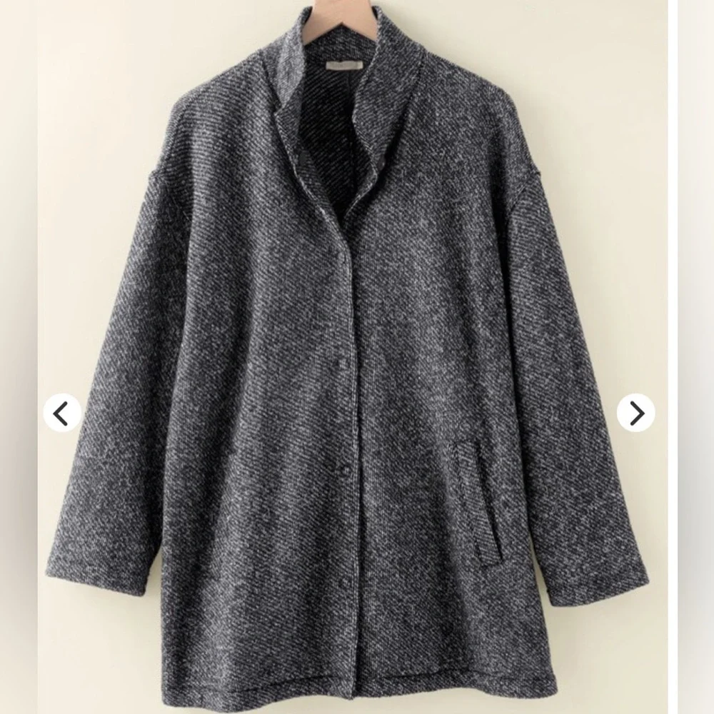 Eileen Fisher 100% cotton Stand Collar Long Herringbone Snap-Front Jacket Coat
